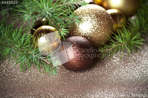 Image of Christmas decorations and evergreen fir tree. 