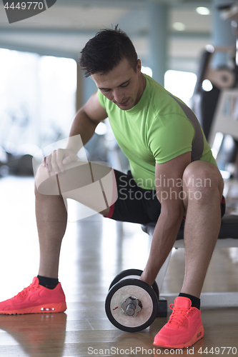 Image of handsome man working out with dumbbells