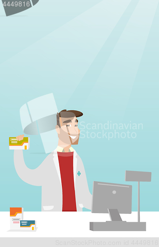 Image of Pharmacist showing some medicine.