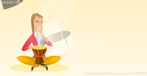 Image of Woman playing the ethnic drum vector illustration.