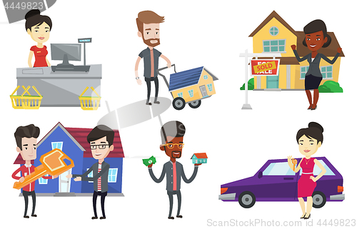 Image of Vector set of real estate agents and house owners.