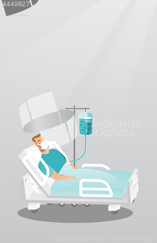 Image of Patient lying in hospital bed with oxygen mask.