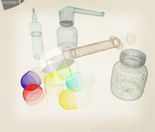 Image of Syringe, tablet, pill jar. 3D illustration. Vintage style