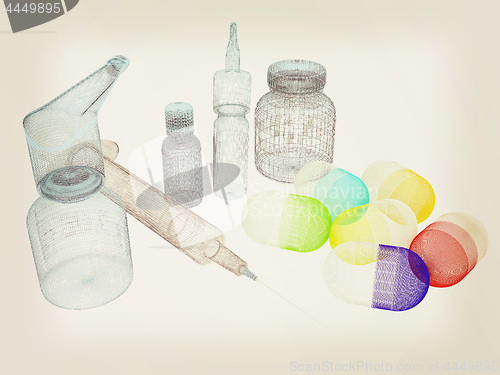 Image of Syringe, tablet, pill jar. 3D illustration. Vintage style