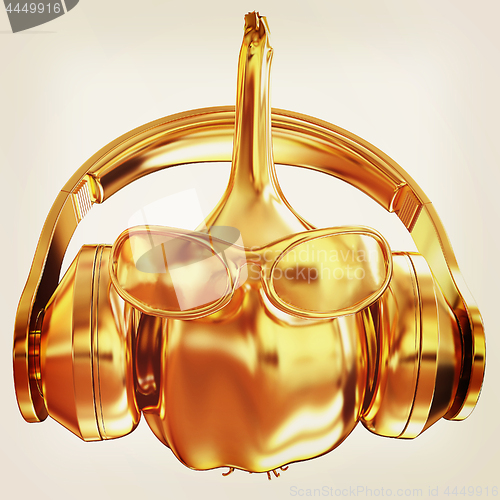 Image of Gold Head of garlic with sun glass and headphones front \"face\" o