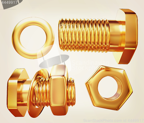 Image of Gold Bolt with nut. 3d illustration. Vintage style