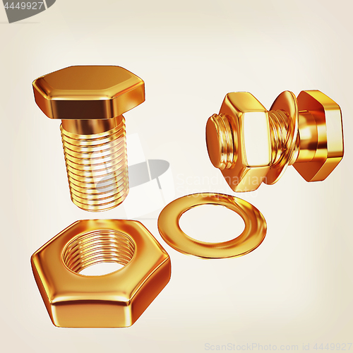 Image of Gold Bolt with nut. 3d illustration. Vintage style