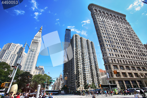 Image of New York, USA – August 23, 2018: Busy sidewalk at the intersec