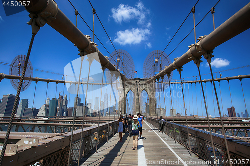 Image of New York, USA – August 23, 2018: People on pedestrian walkway 