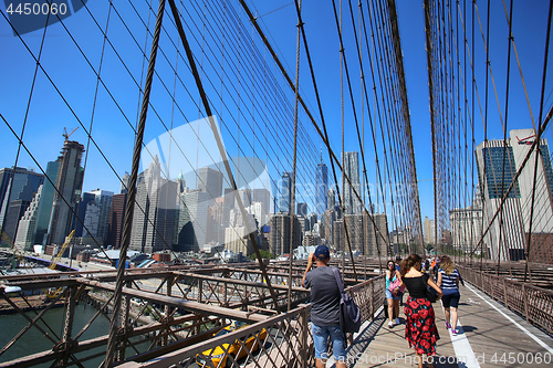 Image of New York, USA – August 23, 2018: People on pedestrian walkway 