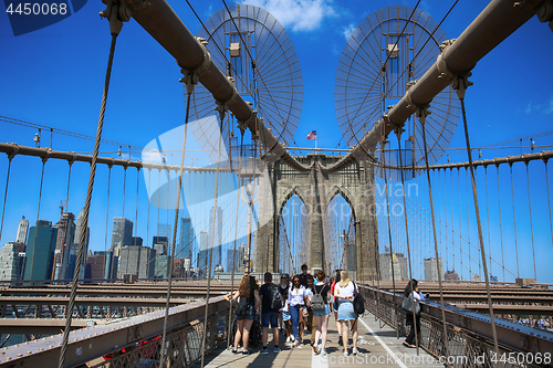 Image of New York, USA – August 23, 2018: People on pedestrian walkway 