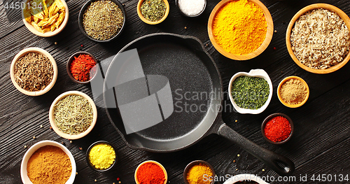 Image of Pan surrounded by bowls with spices