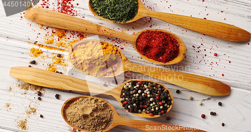 Image of Spoons with colorful mix of spices