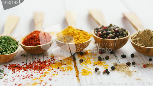 Image of Wooden spoons with assortment of spices