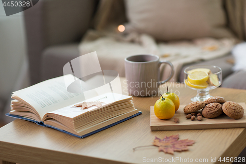 Image of book, lemon, tea and cookies on table at home