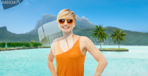 Image of happy smiling teenage girl over bora bora beach