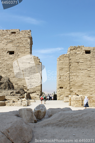 Image of Tourists among the ancient ruins of Karnak Temple, Luxor, Egypt