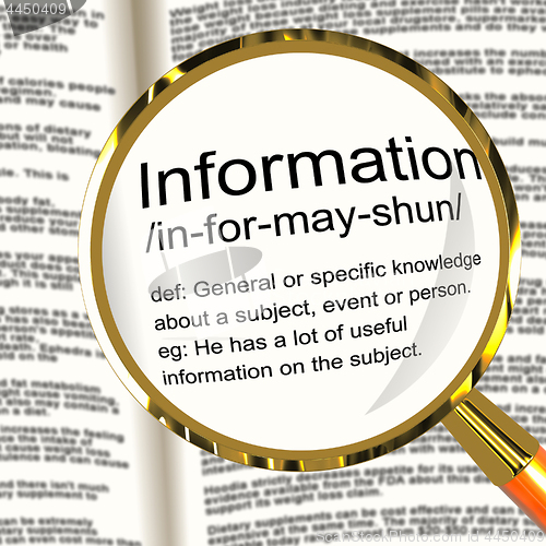 Image of Information Definition Magnifier Showing Knowledge Data And Fact