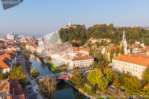 Image of Cityscape of Ljubljana, capital of Slovenia in warm afternoon sun.