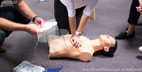 Image of First Aid Training. Defibrillator CPR Practice