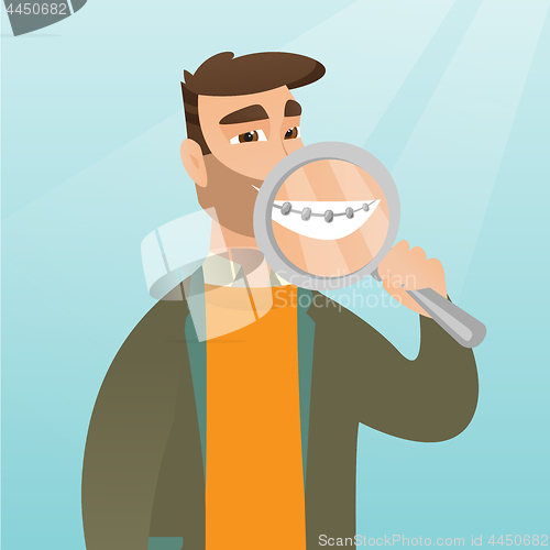 Image of Man examining her teeth with a magnifier.