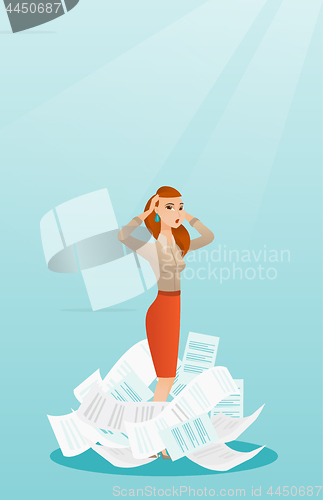 Image of Stressed business woman having lots of work to do.