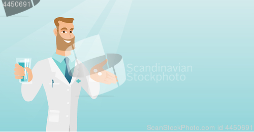 Image of Pharmacist giving pills and a glass of water.