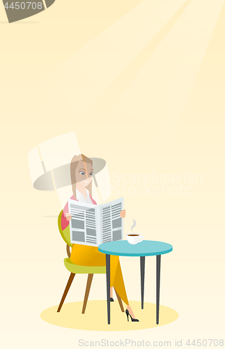 Image of Woman reading a newspaper and drinking coffee.