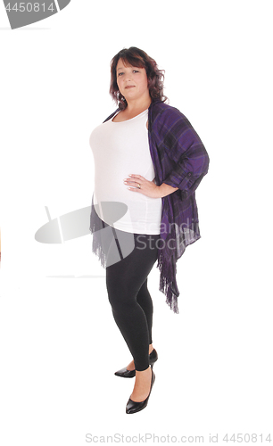 Image of Full figured woman standing in tights