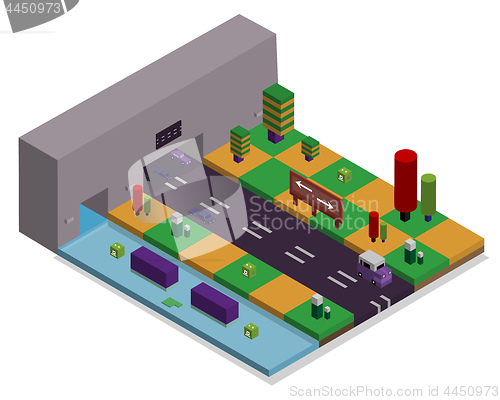 Image of isometric town with a garage