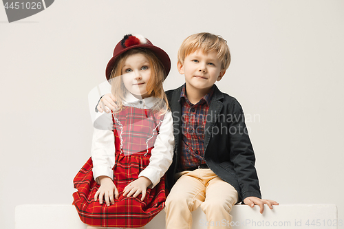 Image of Cute stylish children on white studio background