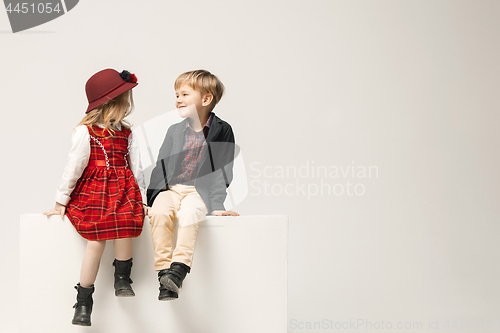 Image of Cute stylish children on white studio background