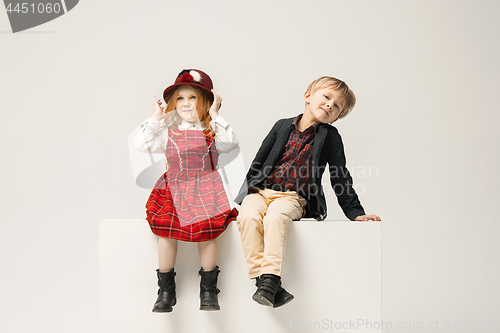 Image of Cute stylish children on white studio background