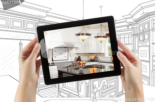 Image of Female Hands Holding Computer Tablet with Kitchen on Screen & Dr