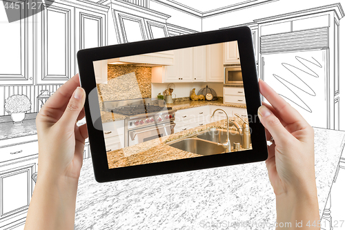 Image of Female Hands Holding Computer Tablet with Kitchen on Screen & Dr
