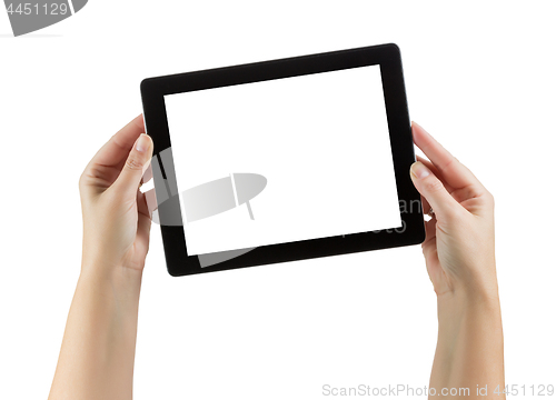 Image of Female Hands Holding Blank Computer Tablet on White