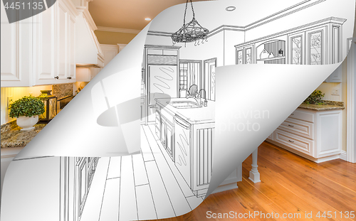 Image of Kitchen Drawing Page Corners Flipping with Photo Behind