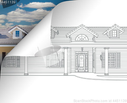 Image of House Drawing Page Corner Flipping with Photo Behind