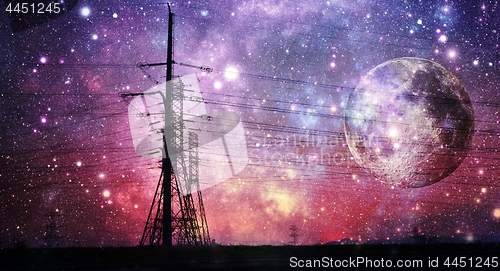 Image of power lines with night sky and full moon