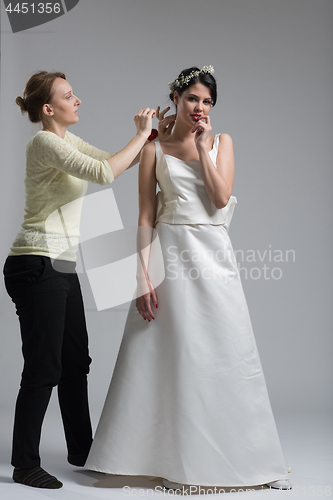 Image of Beautiful young bride wears dress by stylist