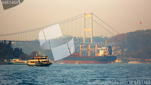 Image of A cargo ship in the Bosphorus, Istanbul, Turkey.
