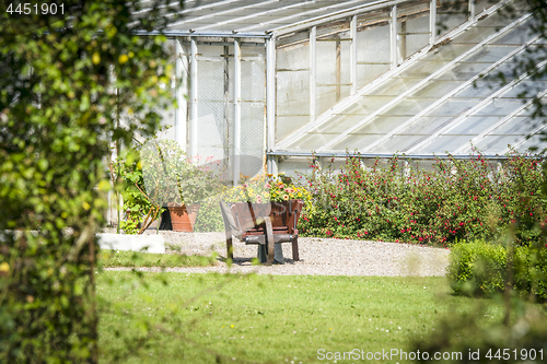 Image of Wooden wheelbarrow filled with colorful flowers