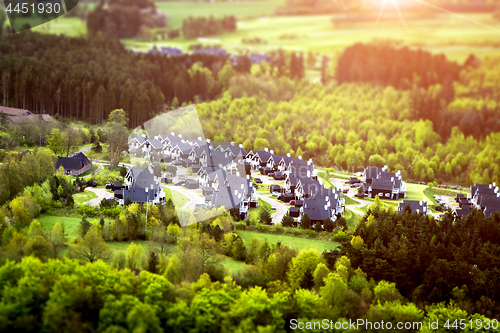 Image of White houses with black roofs in a small forest