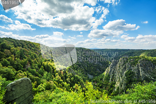 Image of Large creek from above with forest and cliffs