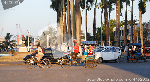 Image of Traditional rickshaw bicycle with malagasy peoples in Toamasina, Madagascar