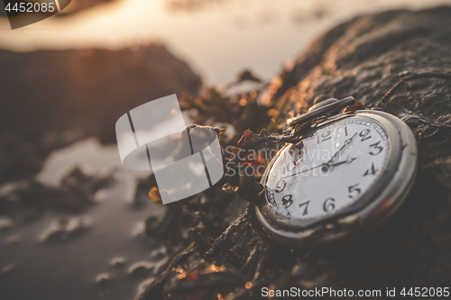 Image of Old clock on a rock by the ocean