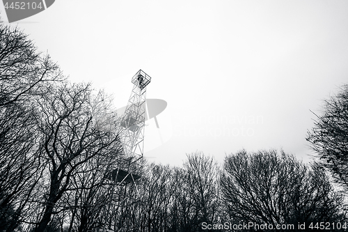 Image of Small lighthouse tower in a forest with tree silhouettes