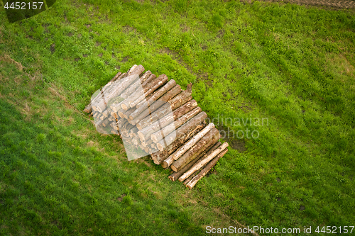 Image of Woodstack with logs on a green field