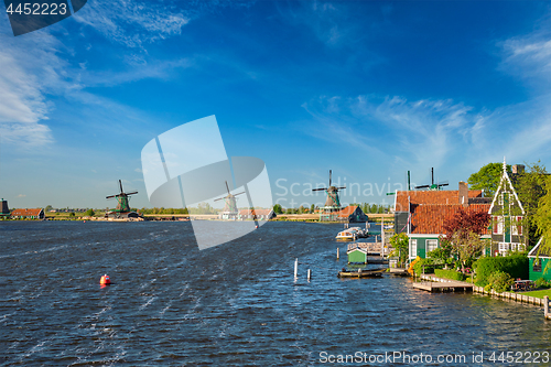 Image of Windmills at Zaanse Schans in Holland. Zaandam, Netherlands