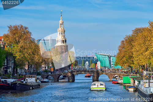 Image of Amterdam canal, bridge and medieval houses